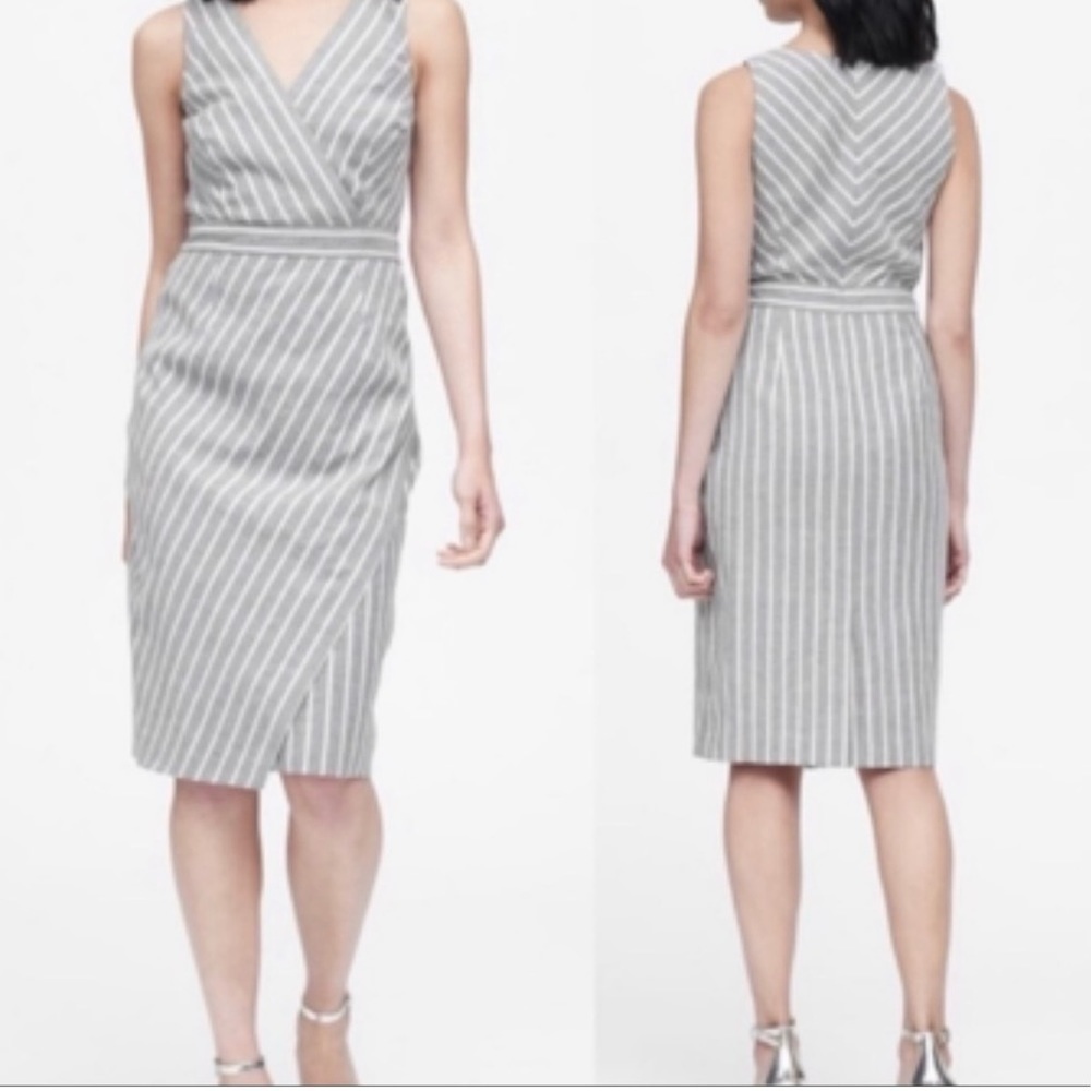 Banana Republic Dress Gray White Striped Linen Sleeveless Dress Women's Size 4 - Picture 1 of 9